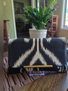 Brian Atwood Black & White Ikat Fold-Over Clutch with Gold Accent